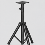Close detail of the unbranded black Y-402 speaker stand showing the top plate, adjustment hardware, center pole, and tripod support