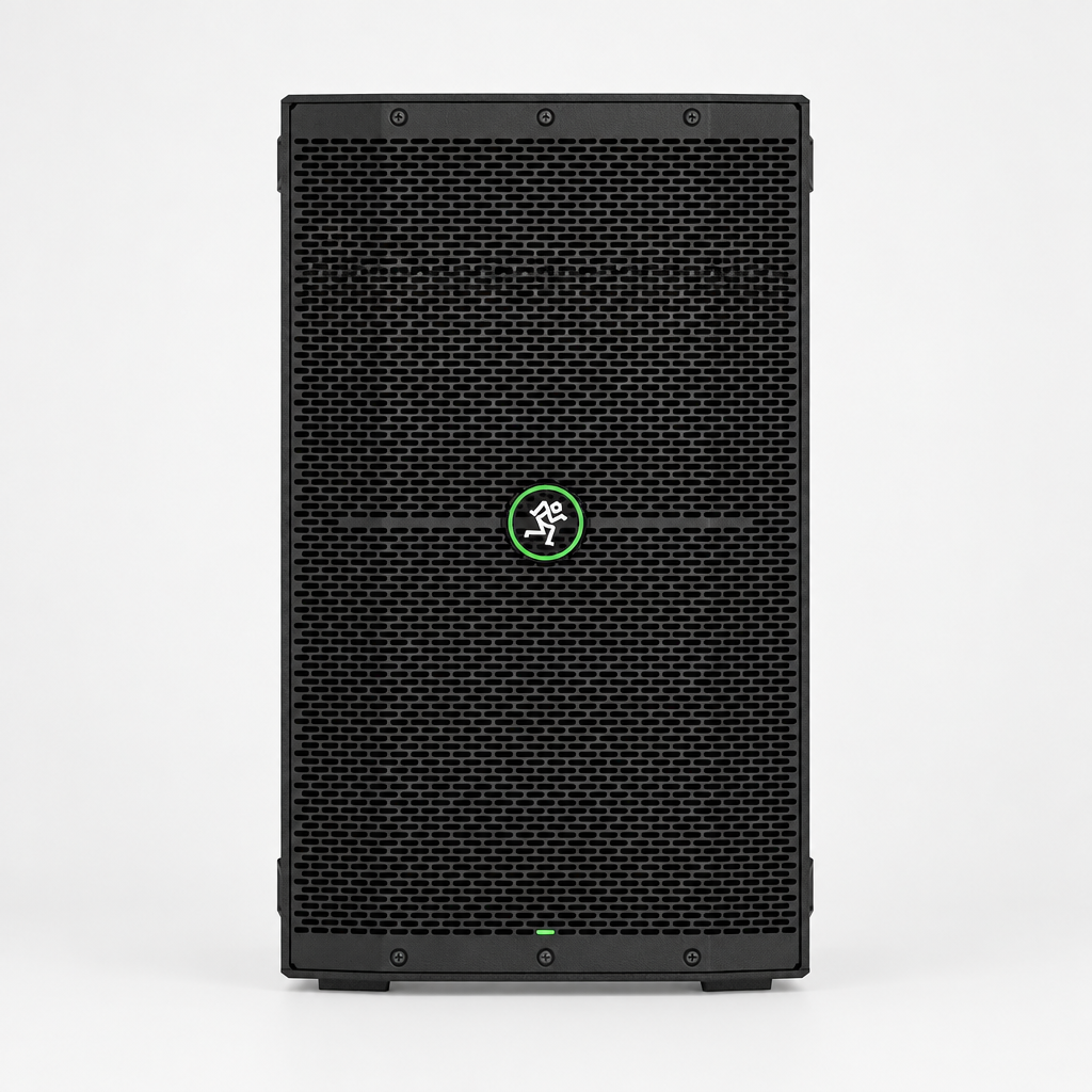 Full front view of the Mackie Thump210 powered loudspeaker with front grille and Mackie badge.