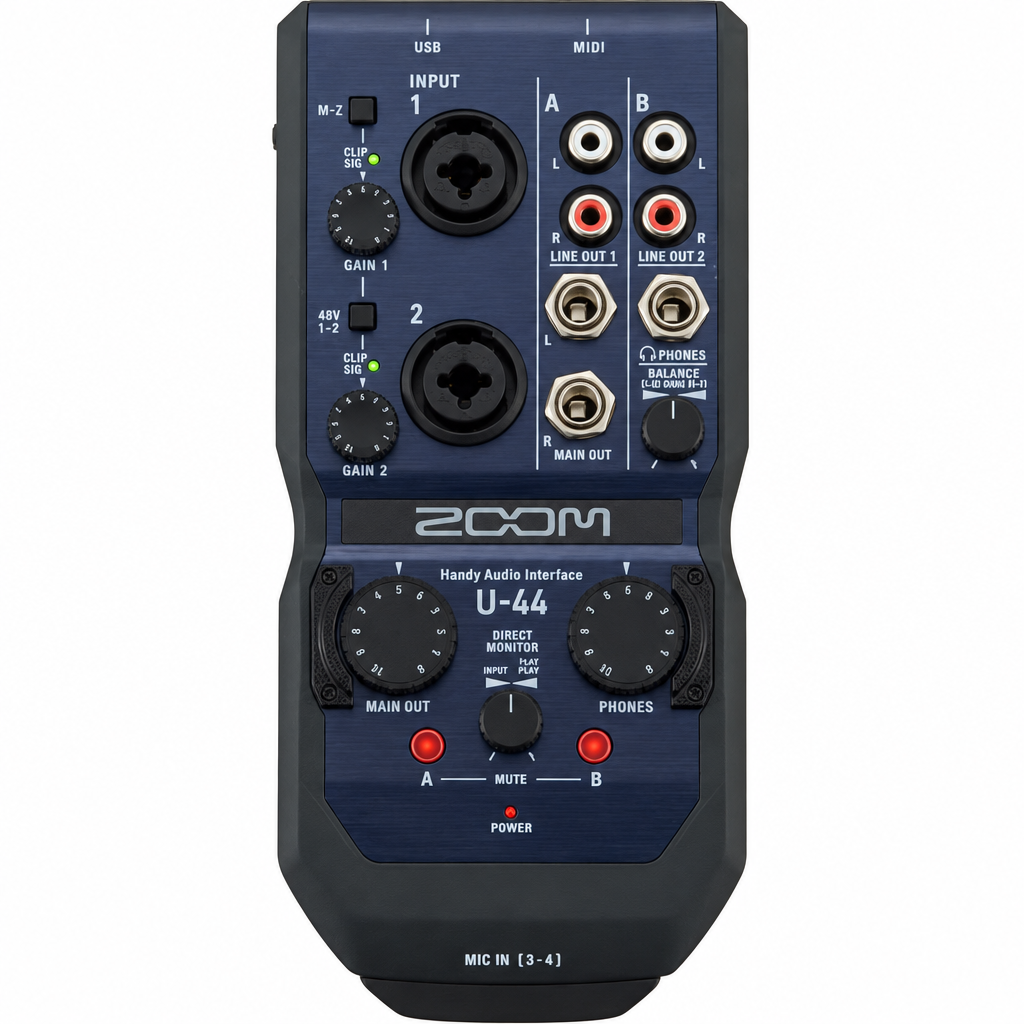 Close-up of the Zoom U44 Handy Audio Interface controls and input and output connections.