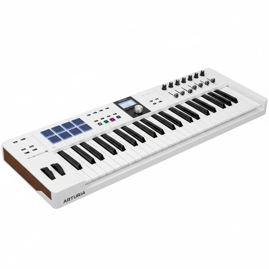Arturia KeyLab Essential 61 Alpine White MIDI keyboard shown from a three-quarter angle, highlighting the keys, 16 pads, display, knobs, and faders on a white background