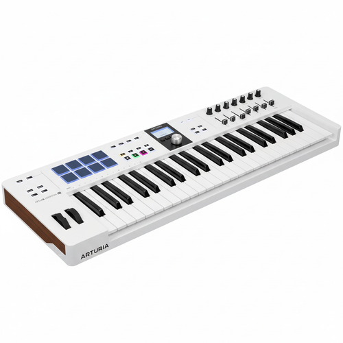 Arturia KeyLab Essential 61 Alpine White MIDI keyboard shown from a three-quarter angle, highlighting the keys, 16 pads, display, knobs, and faders on a white background