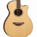 Straight-on close-up of the Yamaha APX600 Natural guitar's soundhole, strings, and bridge.