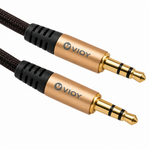 Close-up of VIOY 2 m AUX cable 3.5 mm connectors with braided cable and VIOY markings