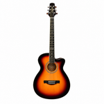 Straight front view of the Carpe 38-inch sunburst acoustic guitar showing its cutaway body, soundhole, rosette, bridge, strings, fingerboard, and tuning machines