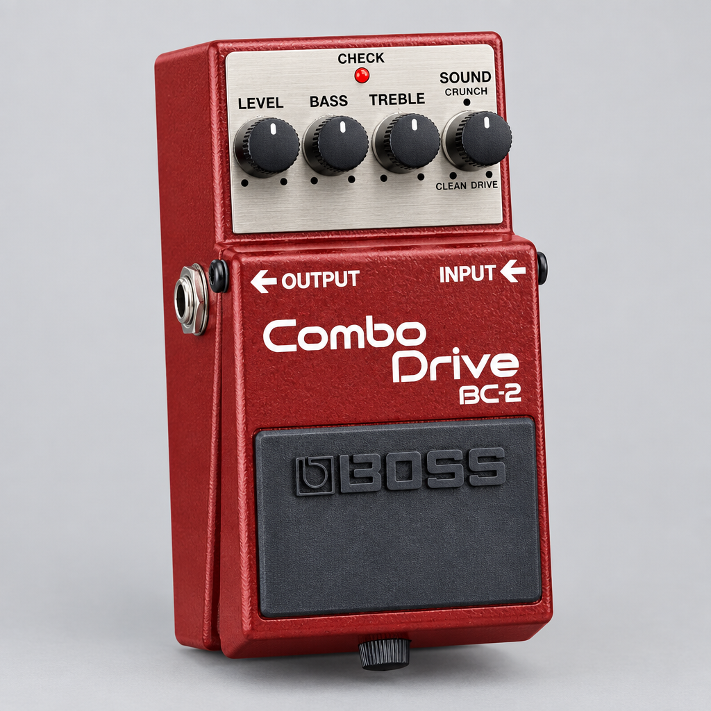 Three-quarter side view of the BOSS BC-2 pedal showing the enclosure and side input/output jacks.