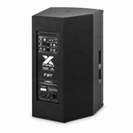 FBT X-PRO 112A active 2-way loudspeaker, three-quarter rear view showing the cabinet depth, side handle, control panel, and connections