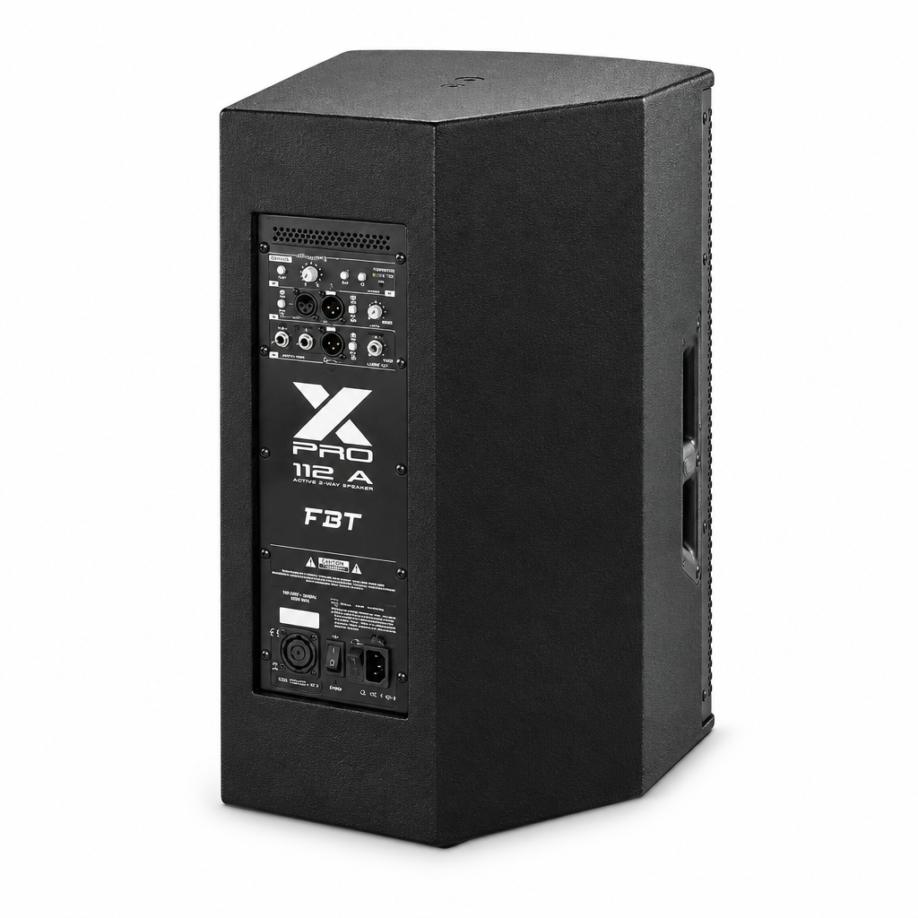 FBT X-PRO 112A active 2-way loudspeaker, three-quarter rear view showing the cabinet depth, side handle, control panel, and connections