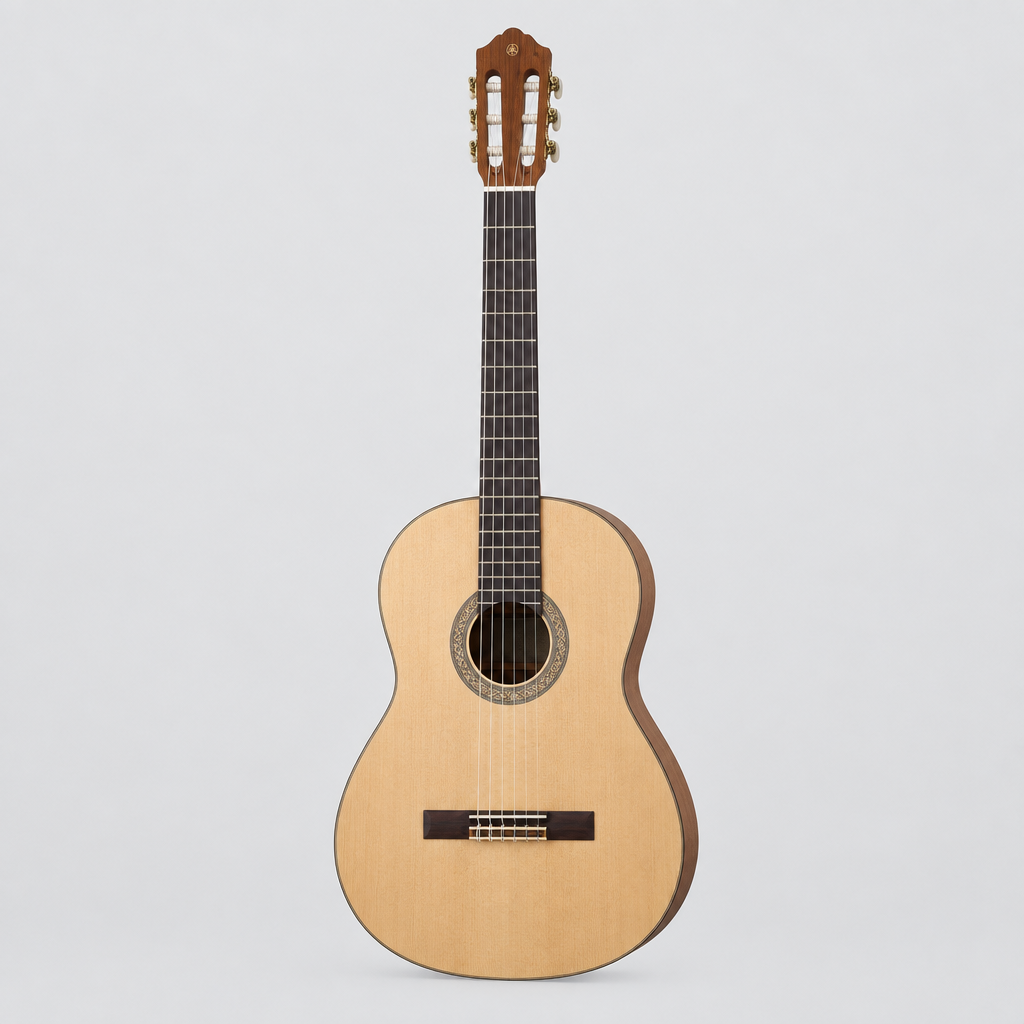 Straight-on full front view of the Yamaha C40MII classical guitar with natural satin matte finish.
