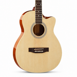 Straight close-up of the Smiger GA-7710-N acoustic guitar body preserving its original natural finish, cutaway shape, soundhole, bridge, strings, and visible hardware