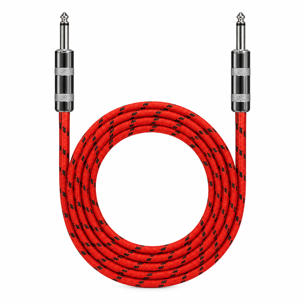 Straight front view of the Luxars LCB-6A 6-meter red patterned instrument cable showing its coiled cable jacket and matching plugs