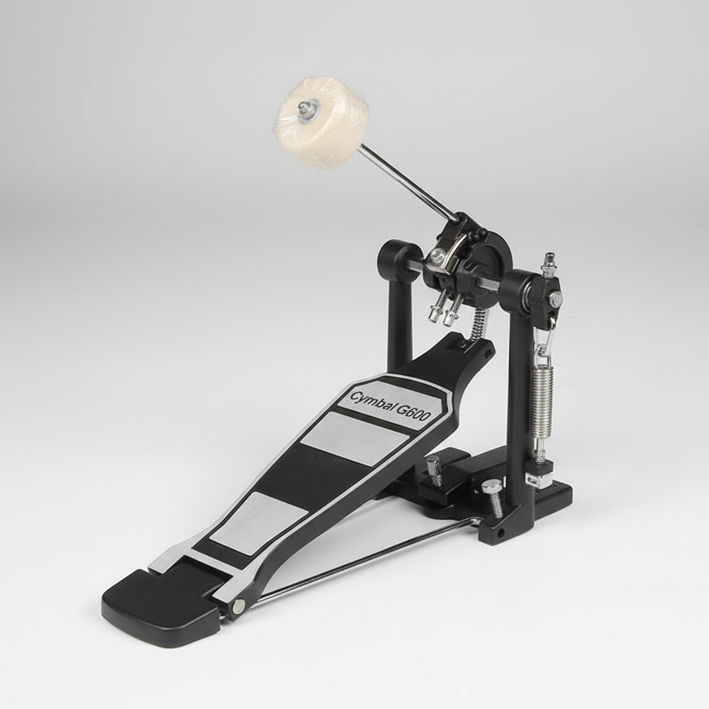 One Cymbal G600 single drum pedal shown in close detail with its pedal board, beater, spring, frame, hardware, and confirmed Cymbal G600 markings only