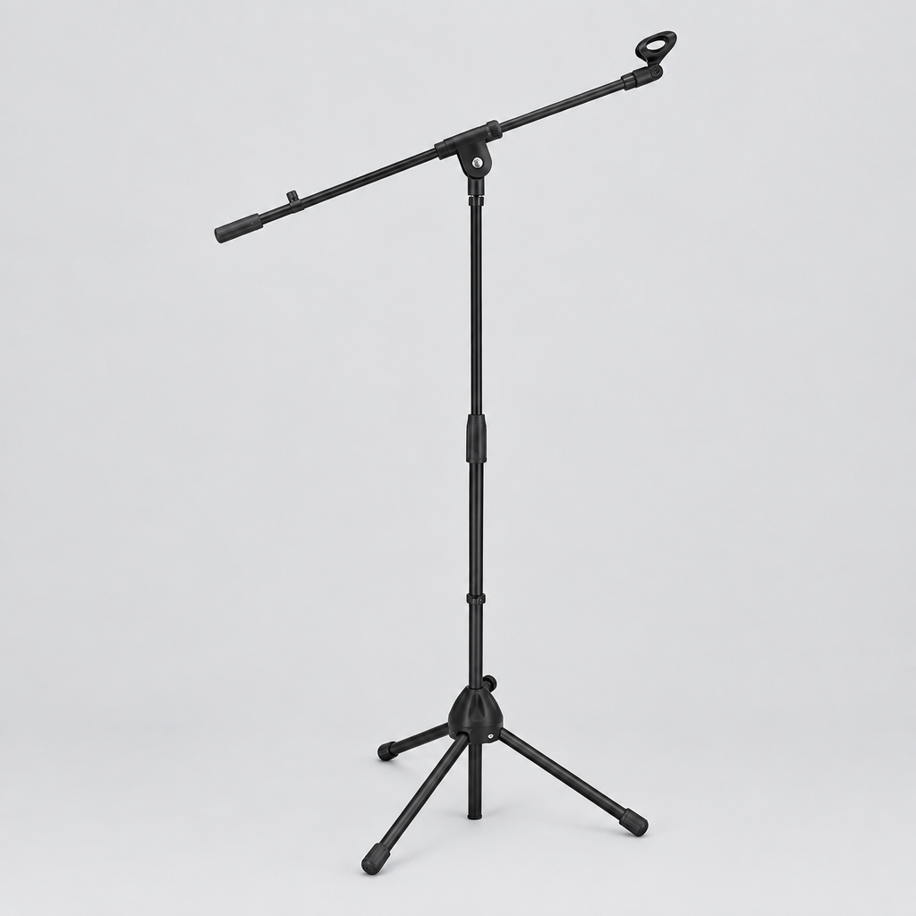 Unbranded M-300 microphone stand shown from the front with its adjustable stand, boom arm, microphone mount, and tripod base