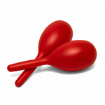 Pair of red maracas arranged diagonally with rounded shaker bodies and handles on a white background