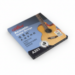 Alice A203 acoustic guitar strings package shown at a 45 degree angle with the front label, A203 model, printed details, and package edge visible on a clean white background
