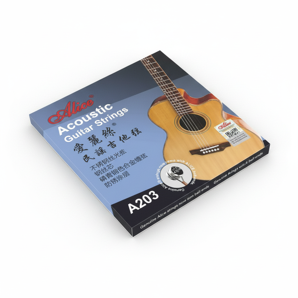 Alice A203 acoustic guitar strings package shown at a 45 degree angle with the front label, A203 model, printed details, and package edge visible on a clean white background