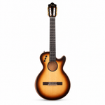Straight front view of the Smiger LE-C1 semi-electric classical guitar preserving its original thin-body cutaway shape, sunburst finish, nylon-string layout, bridge, electronics, and controls