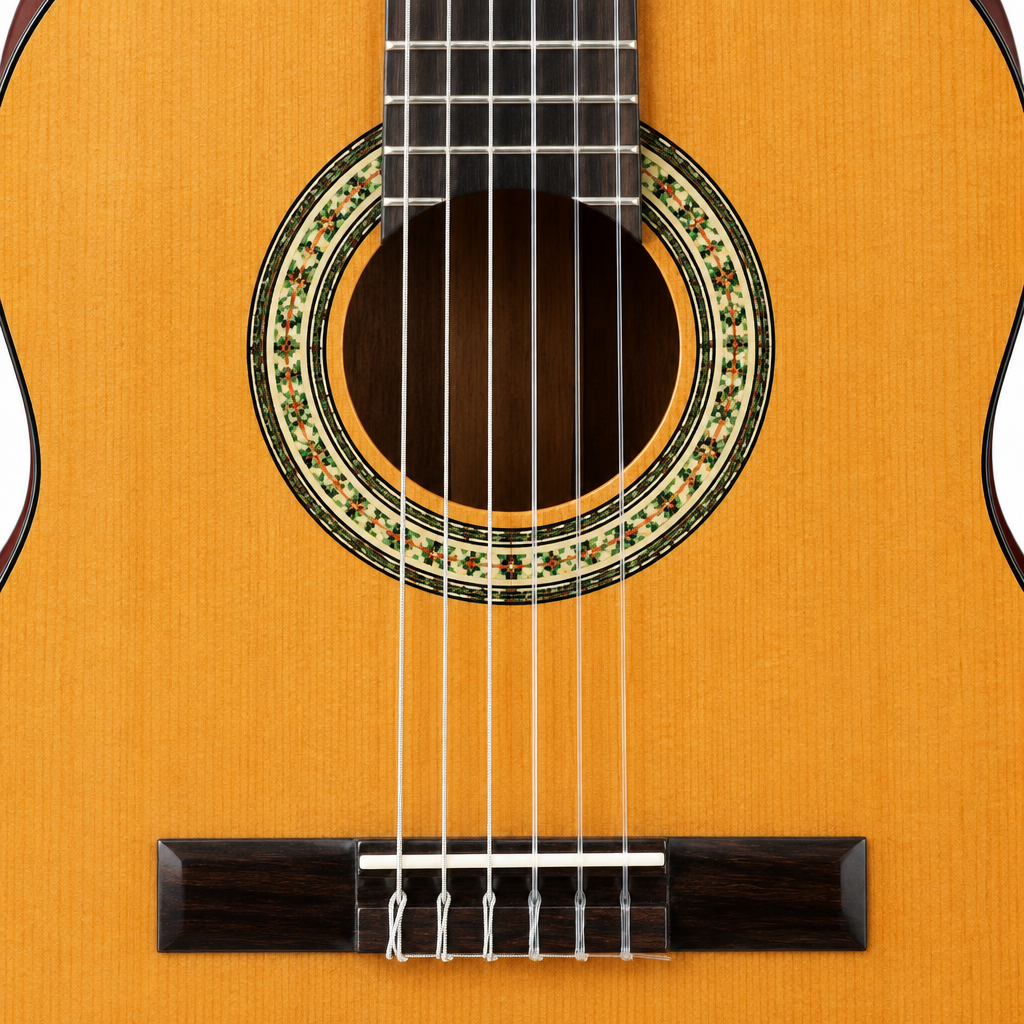 Close-up of the Ibanez GA3-AM's soundhole, mosaic rosette, nylon strings and spruce top.