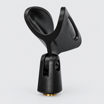 Unbranded A8 microphone holder shown from a three-quarter angle with its black cradle, adjustment joint, and threaded mounting connection