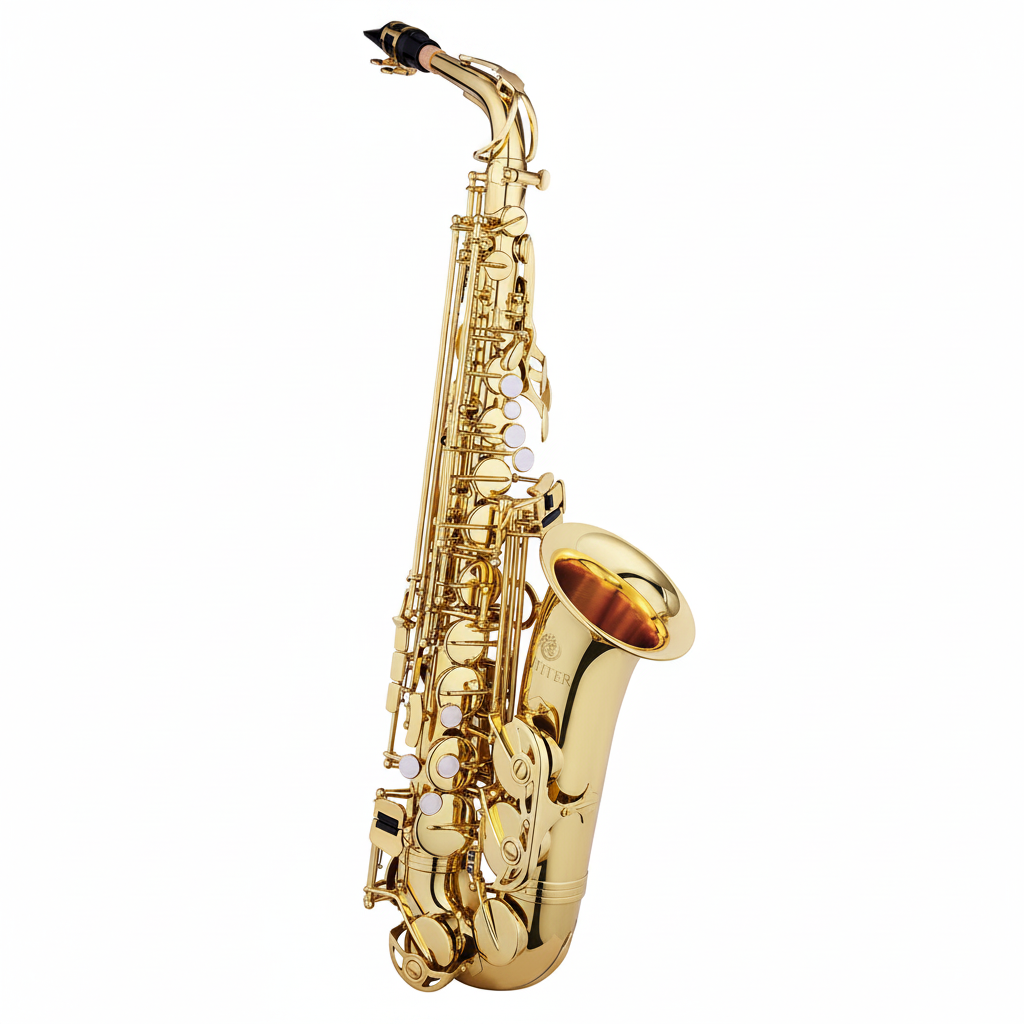 One Jupiter JAS510Q Eb gold-lacquered alto saxophone shown diagonally with full body, bell, neck, keys, rods, and guards