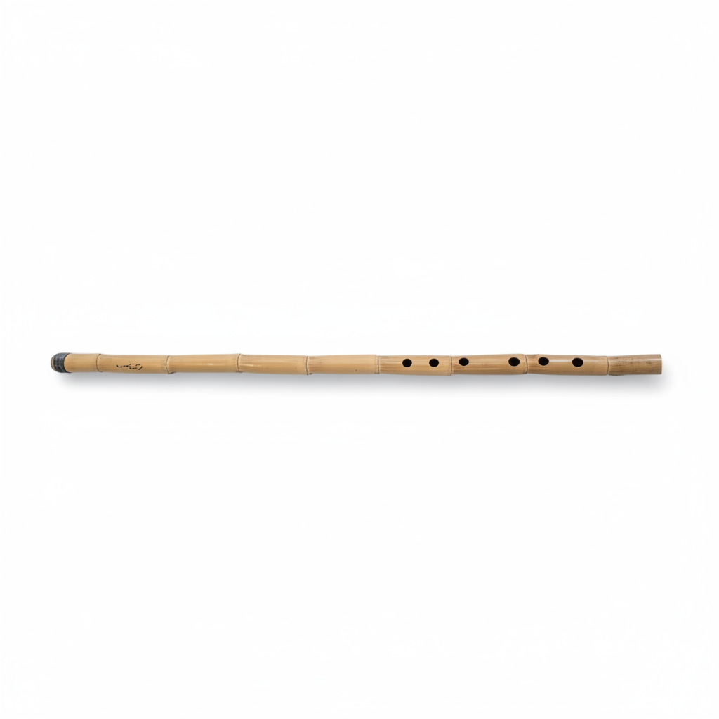 Large natural-toned nai flute shown lying horizontally with its complete body and original finger holes on a white background