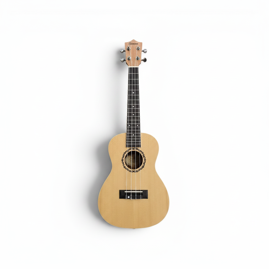 Unbranded 23-inch ukulele with natural wood finish shown upright from the front on a white background