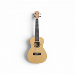 Unbranded 23-inch ukulele with natural wood finish shown upright from the front on a white background