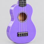 Close detail of the unbranded GK-10 purple soprano ukulele soundhole, bridge, four strings, and purple body finish
