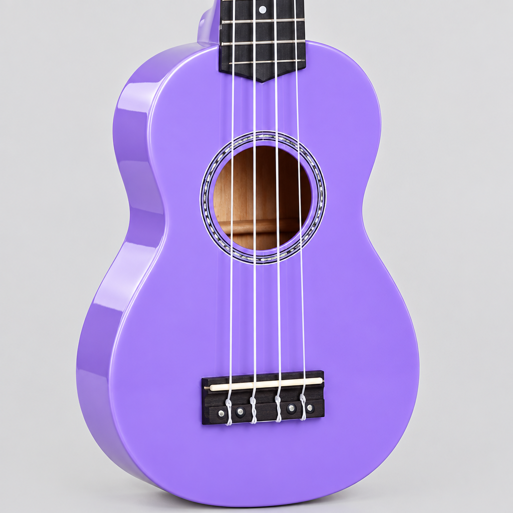 Close detail of the unbranded GK-10 purple soprano ukulele soundhole, bridge, four strings, and purple body finish