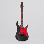 Straight-on full front view of the Ibanez GRG131DX six-string electric guitar in Black Flat with red pickguard and matching fretboard accents.