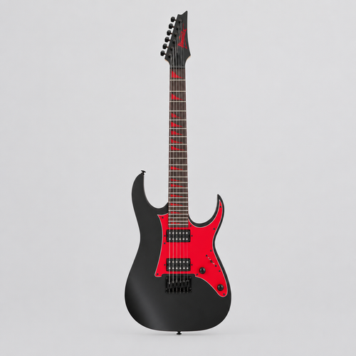 Straight-on full front view of the Ibanez GRG131DX six-string electric guitar in Black Flat with red pickguard and matching fretboard accents.