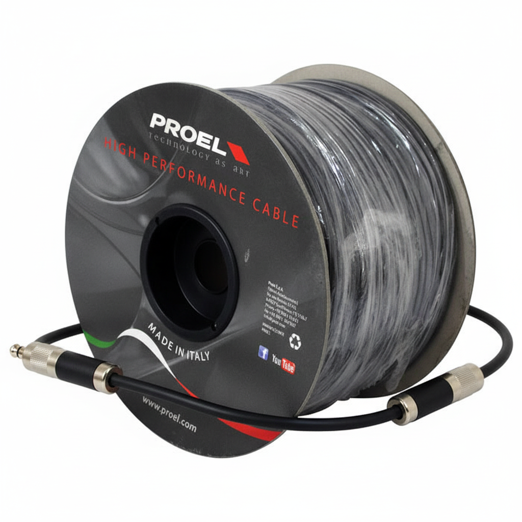 Proel instrumental audio cable roll shown from an angled view with the full coil and both connectors visible