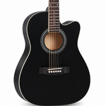 Natural close-up of the Grape 38-inch black acoustic guitar showing the soundhole, strings, bridge, fretboard, and continuous black finish