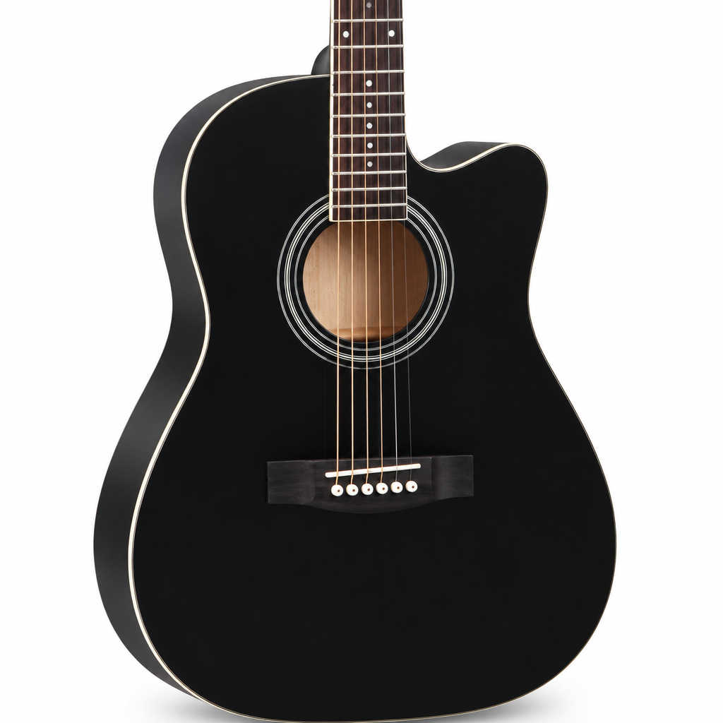 Natural close-up of the Grape 38-inch black acoustic guitar showing the soundhole, strings, bridge, fretboard, and continuous black finish