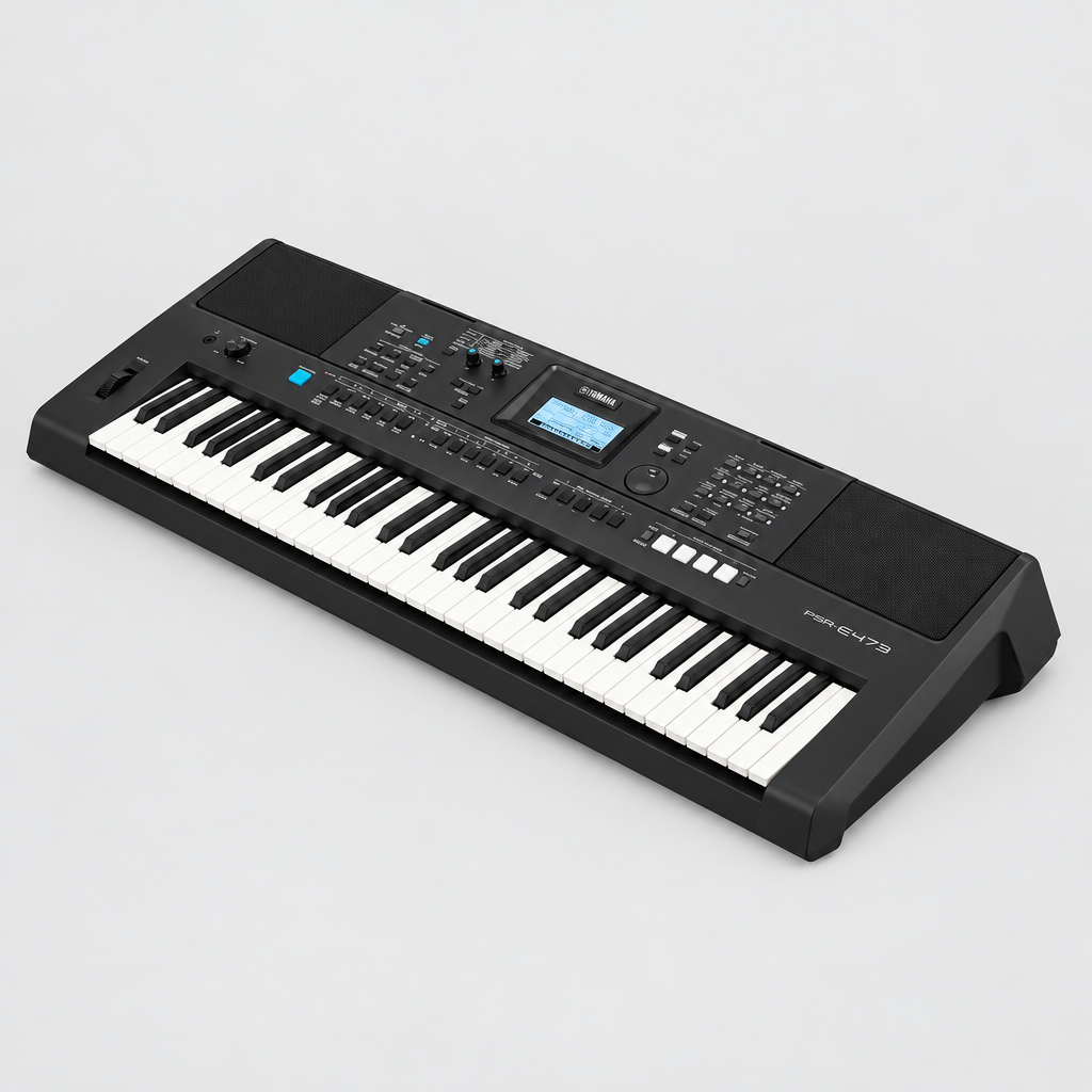 Front-right three-quarter view of the Yamaha PSR-E473 61-key portable keyboard.