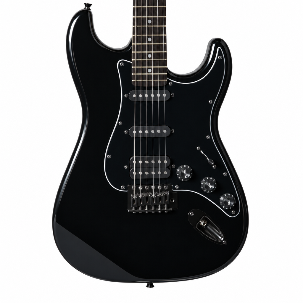 Close-up of the black Acadia HSS body, pickups, pickguard, controls, and tremolo bridge
