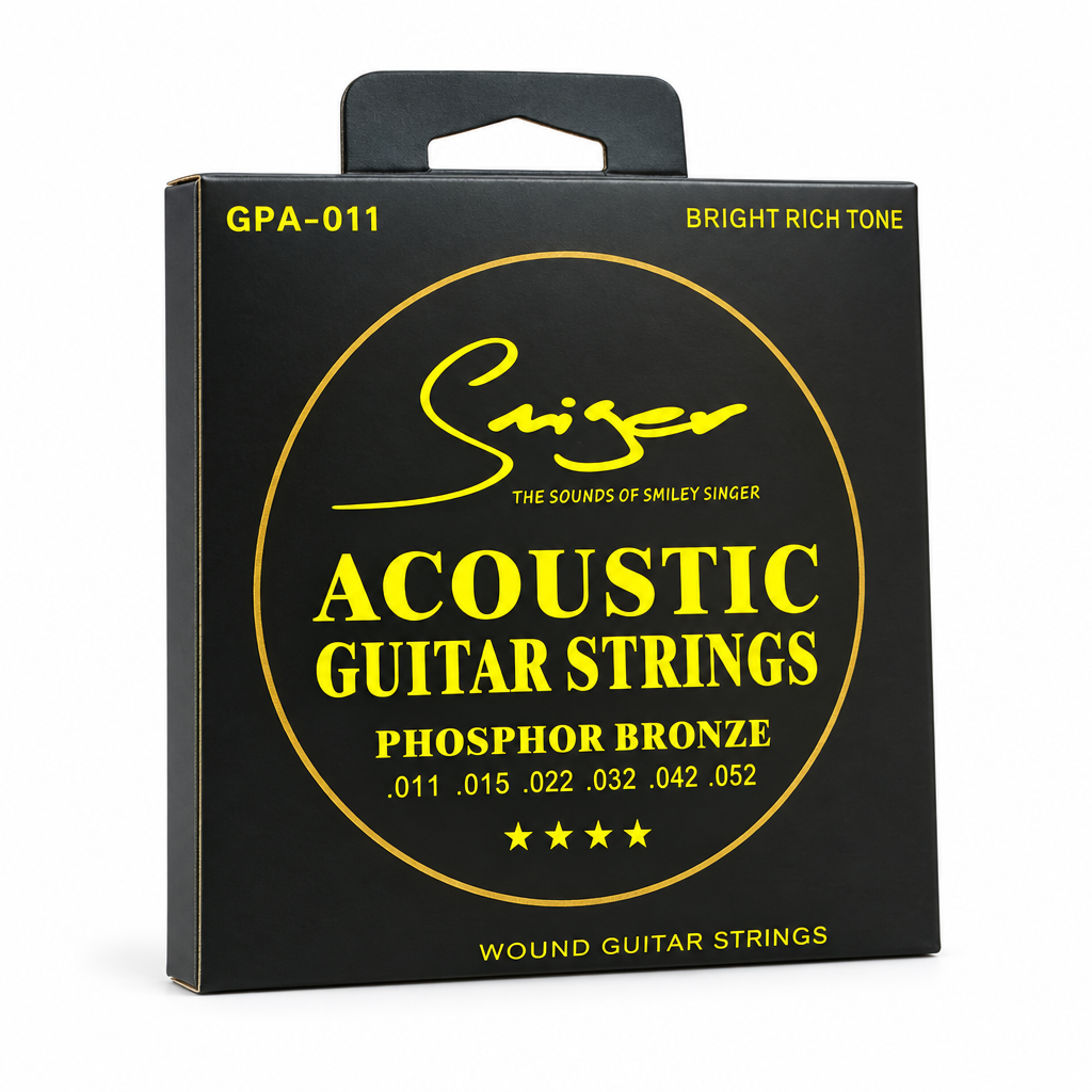 Smiger GPA-011 .011-.052 phosphor bronze acoustic guitar strings package, three-quarter angled view showing package thickness and original manufacturer design