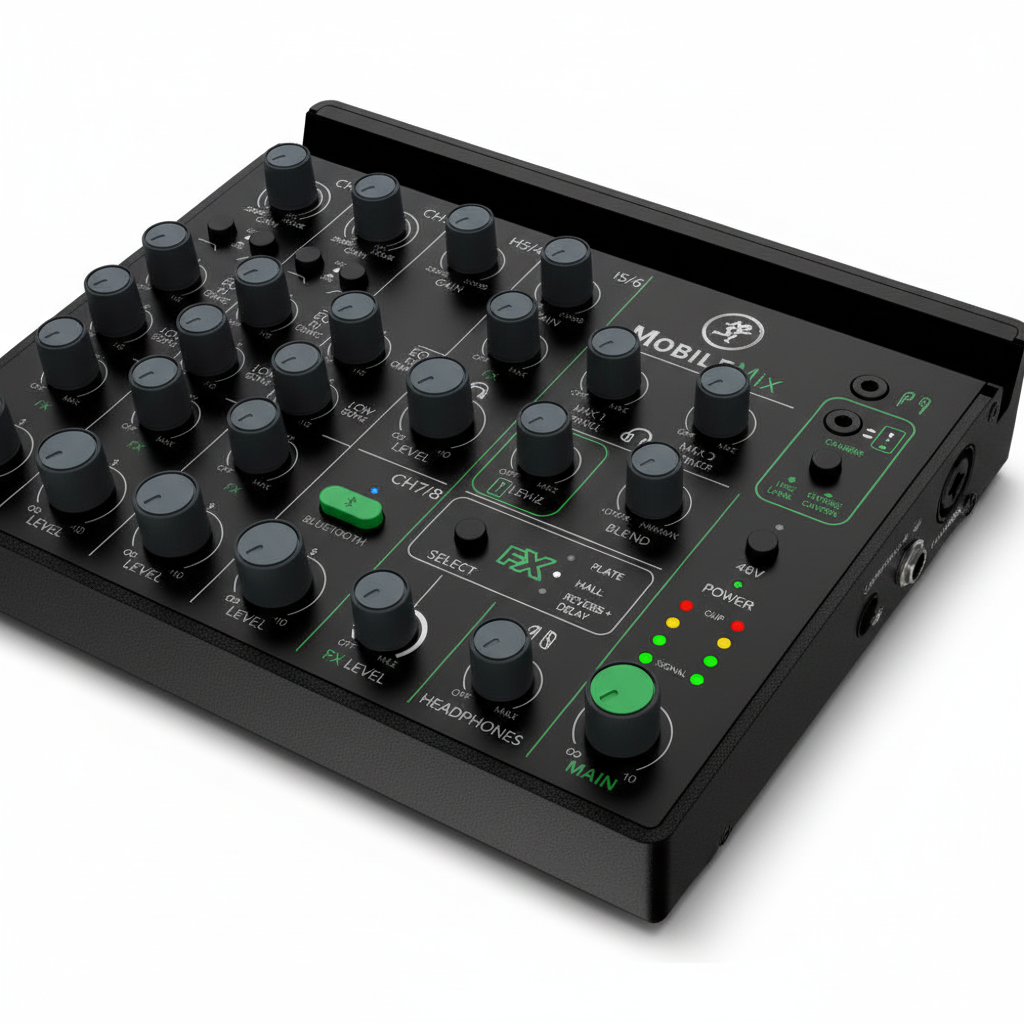 One Mackie MobileMix 8-channel portable audio mixer shown in close detail with channel controls, knobs, buttons, indicators, and Mackie branding