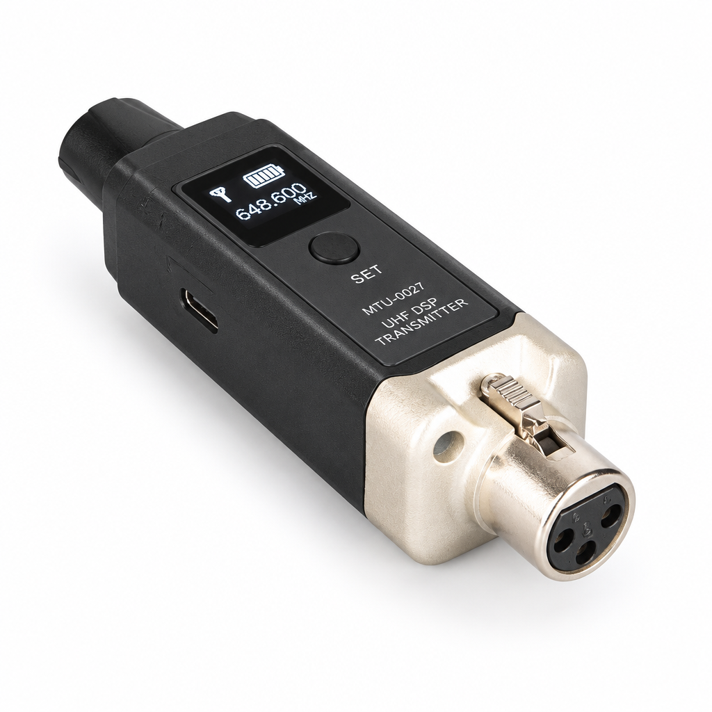 UHF wireless XLR audio adapter, three-quarter angled view showing the display, USB-C port, black body, and XLR connector