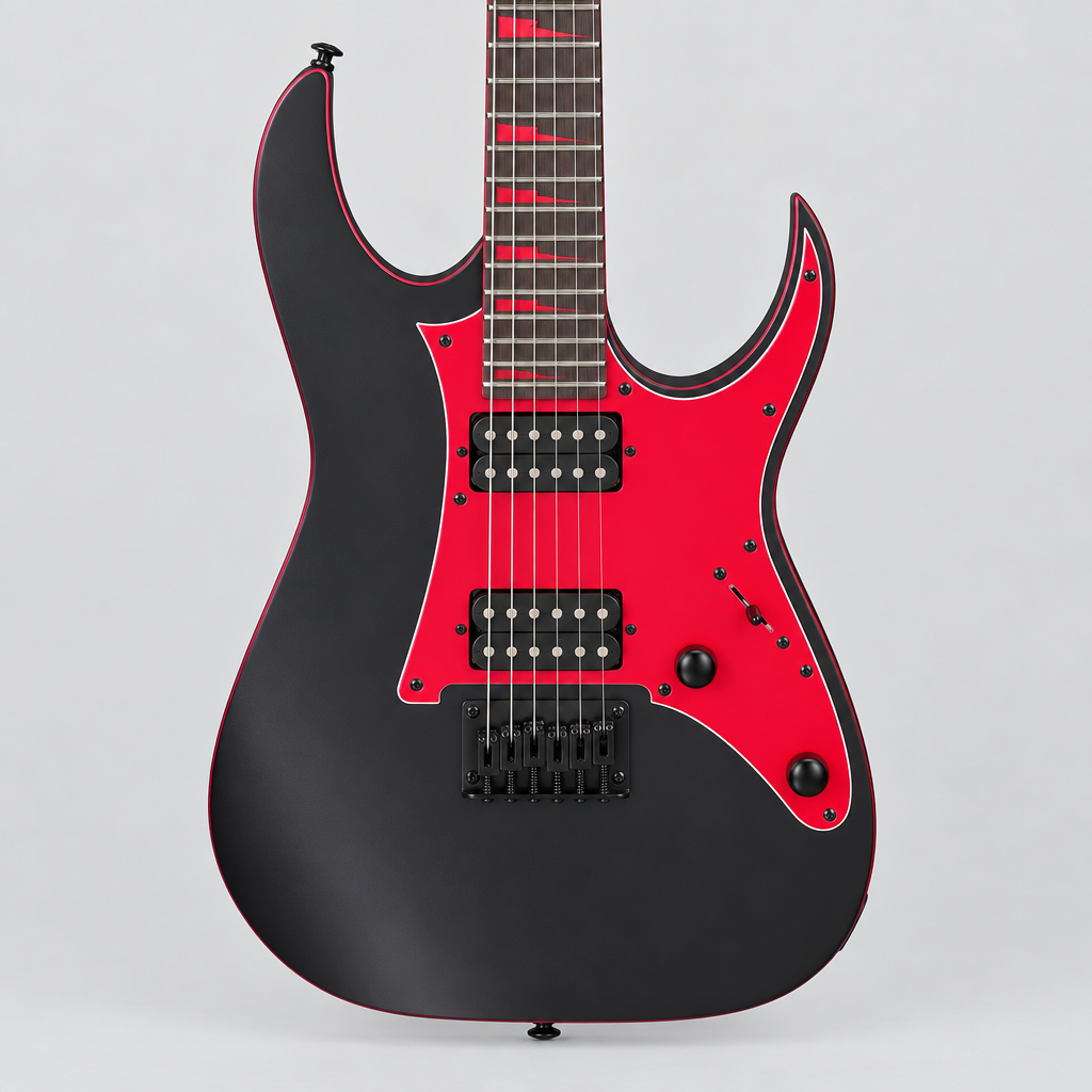 Straight-on close-up of the Ibanez GRG131DX Infinity R H-H pickups, strings, F106 bridge, controls, and red pickguard.