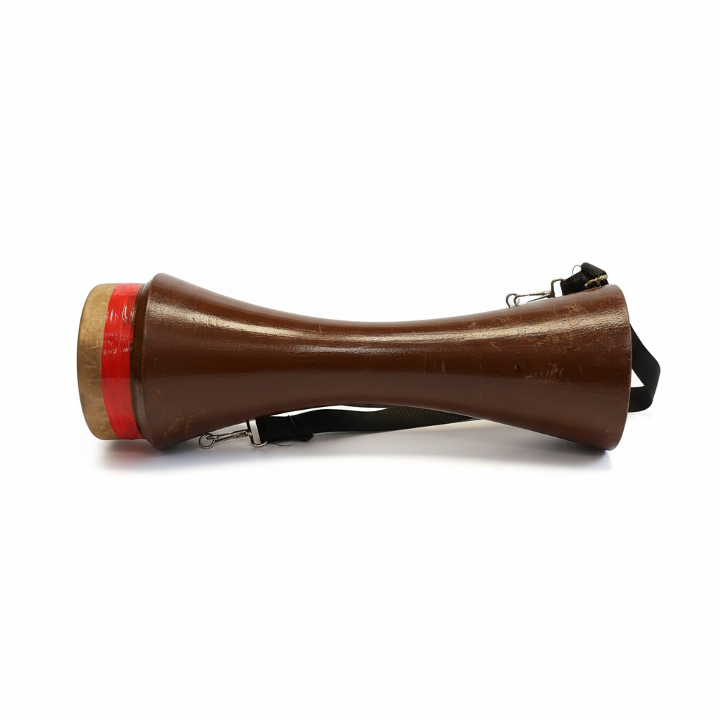 Kasoor traditional hand drum placed horizontally on its side, showing the shaped brown body, red-accented top rim, and black shoulder strap on a white background