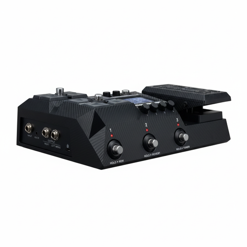 Zoom G2X Four guitar multi-effects processor shown from a low side angle with footswitches, expression pedal, and input connections visible