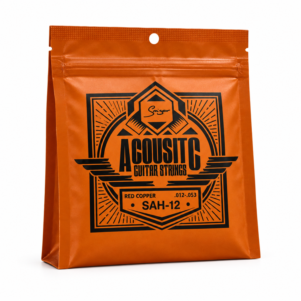 Smiger SAH-12 .012-.053 red copper acoustic guitar strings package, three-quarter angled view showing package thickness and original manufacturer design