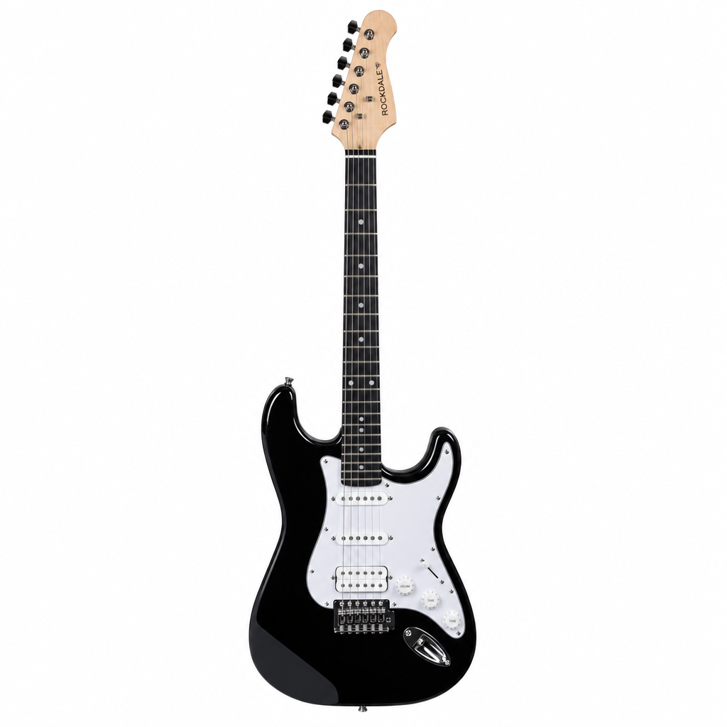 Full front view of the Rockdale Acadia HSS Black Limited Edition ST-style electric guitar, showing two single-coil pickups and one bridge humbucker.