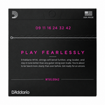 Back view of the D'Addario NYXL0942 package showing its six string gauges, 9–42.
