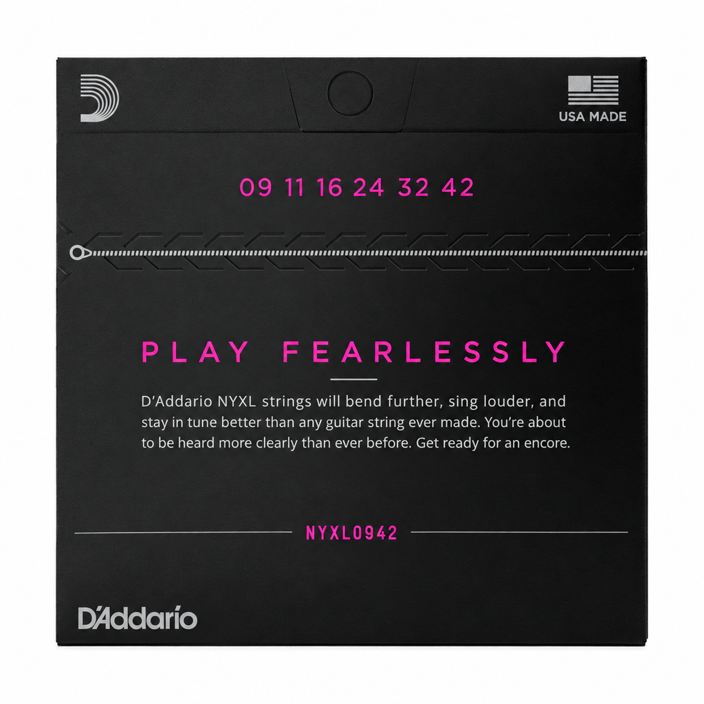 Back view of the D'Addario NYXL0942 package showing its six string gauges, 9–42.