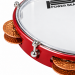 Macro close-up of Power Beat red riqq copper jingles and mounting clips