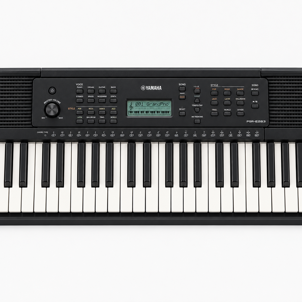 Close-up of the Yamaha PSR-E283 control panel and adjacent keys.