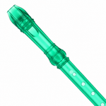 Close-up of a green Chinese soprano recorder mouthpiece and finger holes without branding
