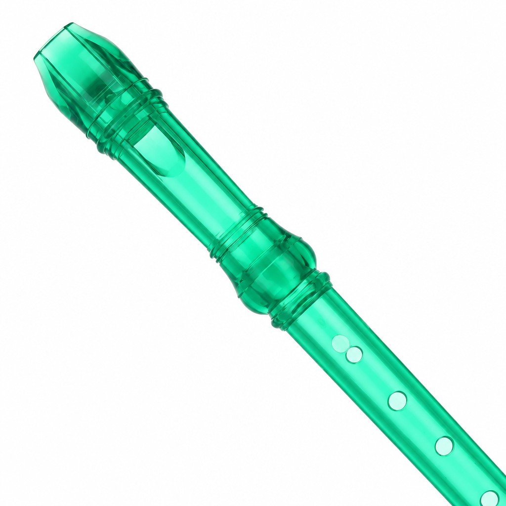Close-up of a green Chinese soprano recorder mouthpiece and finger holes without branding