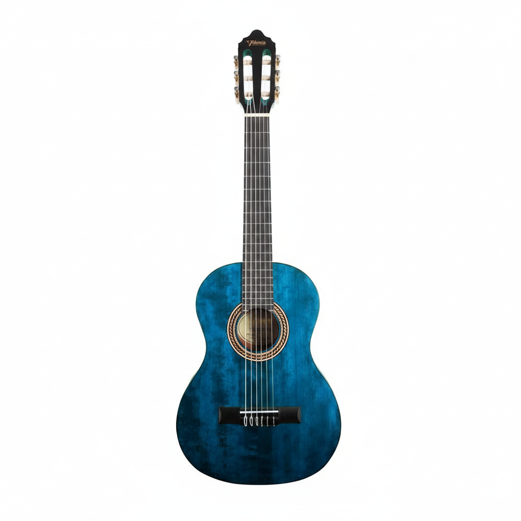 Valencia VC202 TBU 1/2-size blue classical guitar shown upright from the front on a clean white background